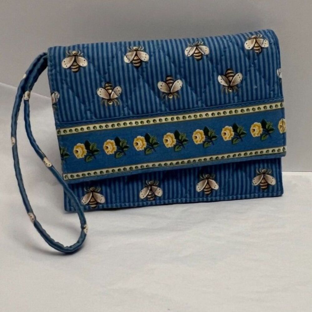 Retired Vera Bradley "Bees" wristlet - EUC Blue Stripes, Bees and Yellow Roses